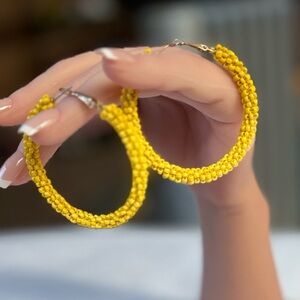 Bright Yellow Seed Bead Hoop Earrings Boho Summer Festival Vibes